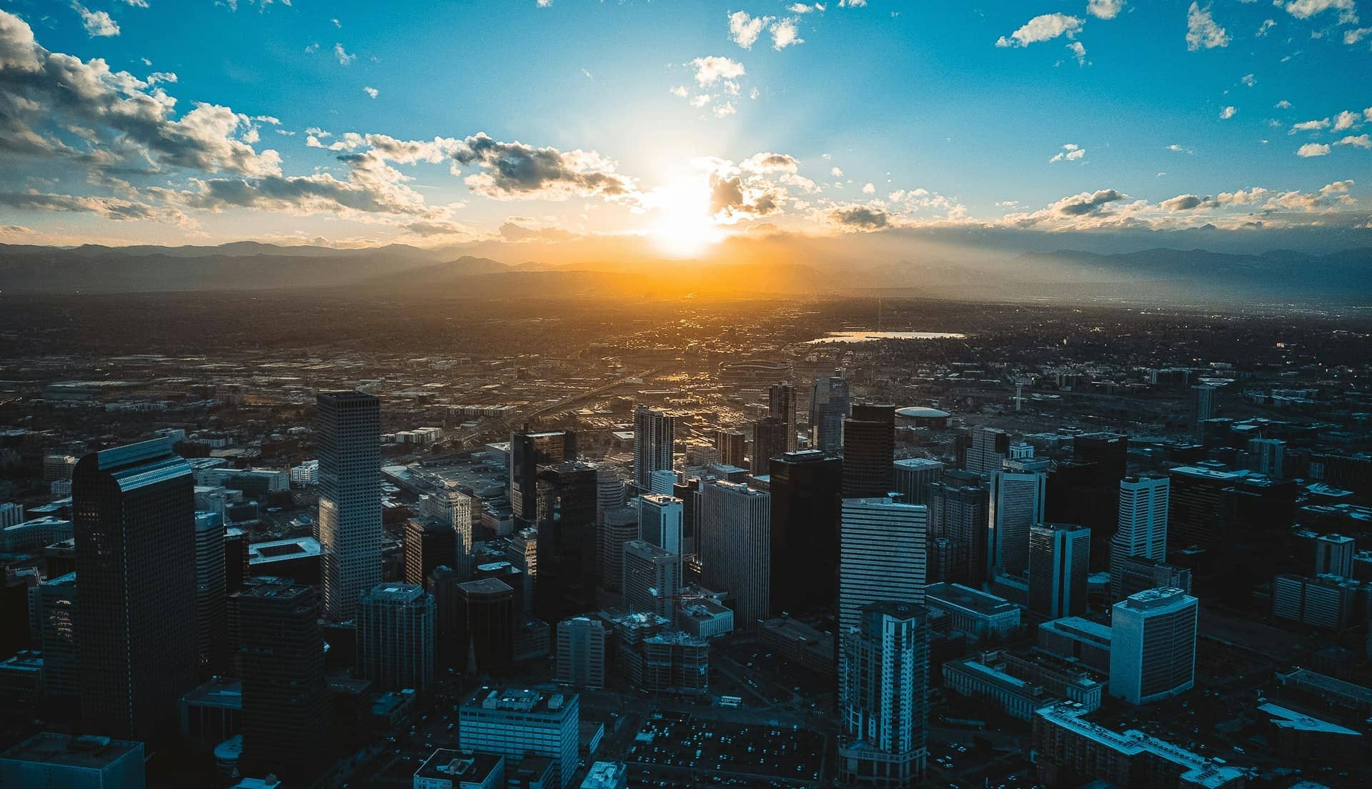 Aerial view of the Denver, Colorado skyline at golden hour