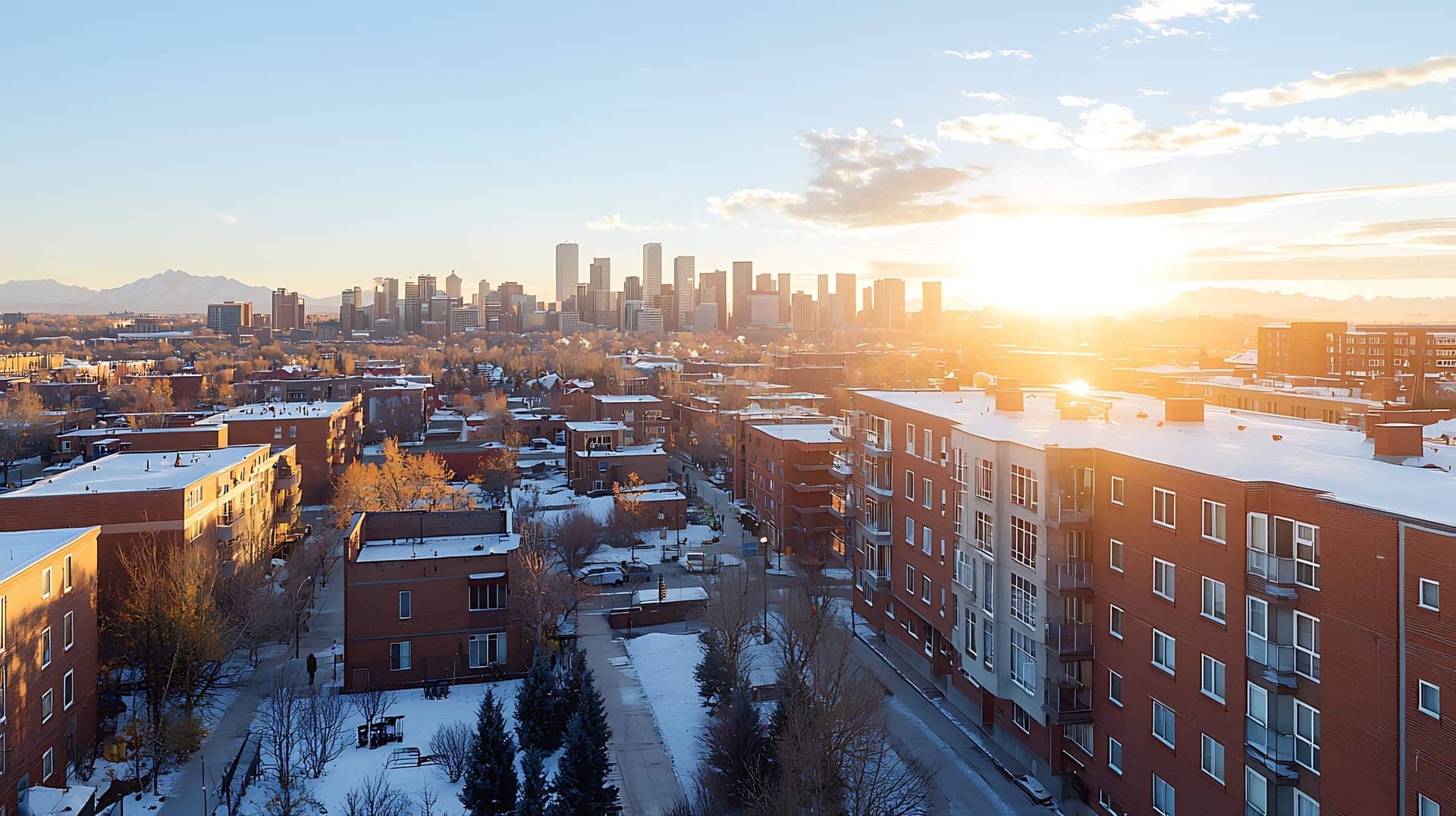 Aerial view of Denver at sunset, where ChaseDaddy.com builds custom platforms